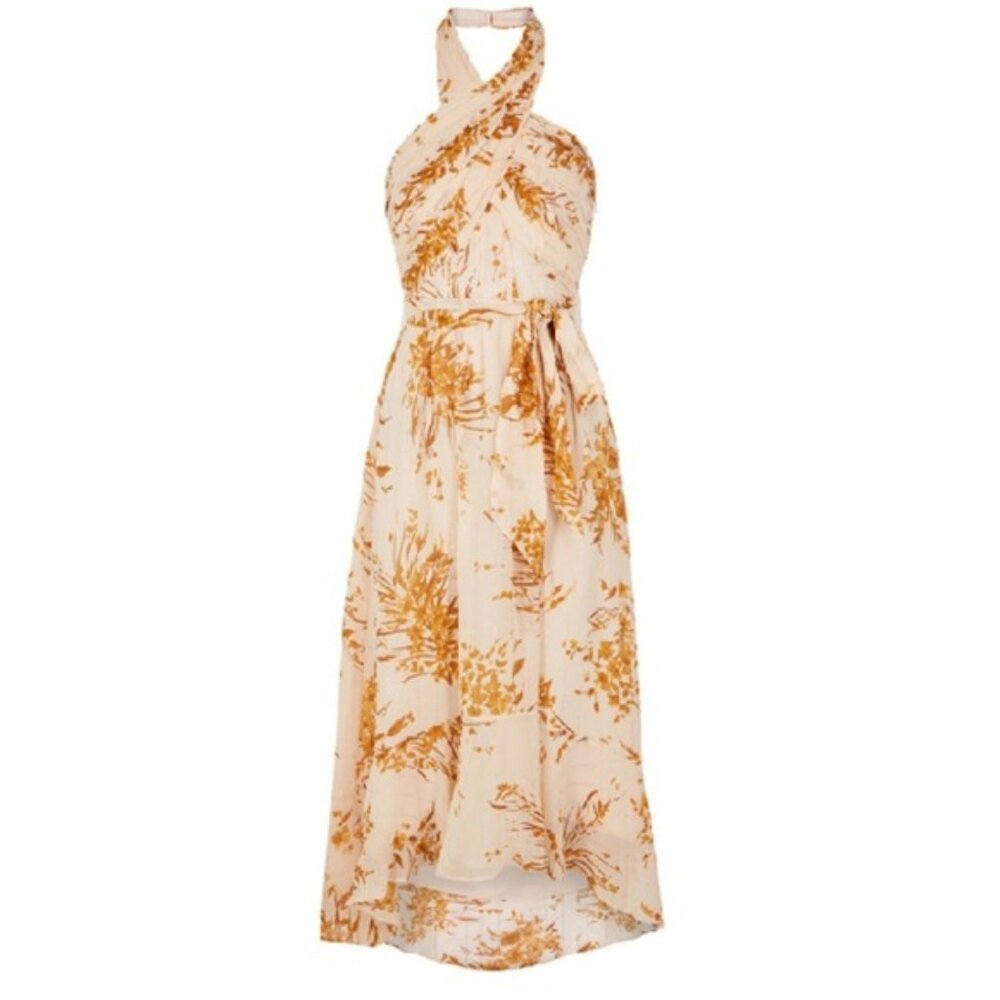 JOIE Arney Women's Dress Size 0 Peach Cream Floral Silk Hi Lo Halter Midi $498